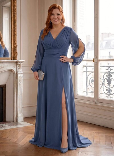 Long Sleeve V-Neck A-Line Chiffon Mother of the Bride Dresses