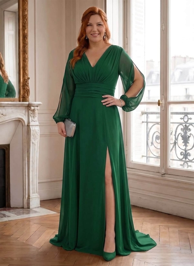 Long Sleeves V-Neck A-Line Mother Of The Bride Dresses With Chiffon