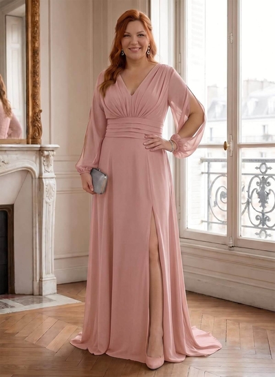 Long Sleeves V-Neck A-Line Mother Of The Bride Dresses With Chiffon