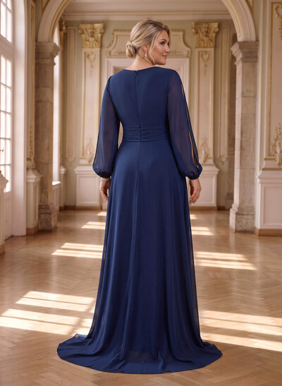 Long Sleeves V-Neck A-Line Mother Of The Bride Dresses With Chiffon