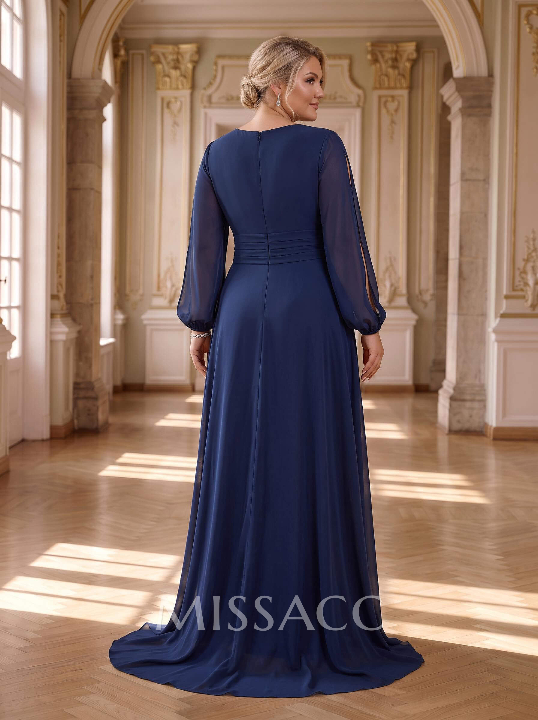 Long Sleeves V-Neck A-Line Mother Of The Bride Dresses With Chiffon