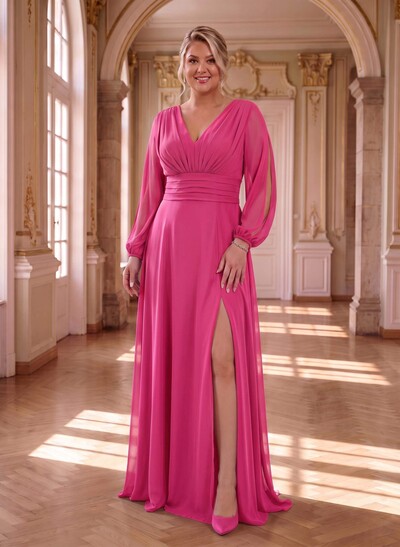 Long Sleeve V-Neck A-Line Chiffon Mother Of The Bride Dresses