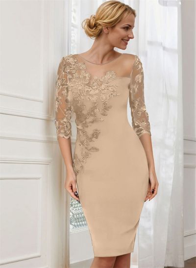 Sheath/Column Illusion Neck 3/4 Sleeves Elastic Satin Mother Of The Bride Dresses