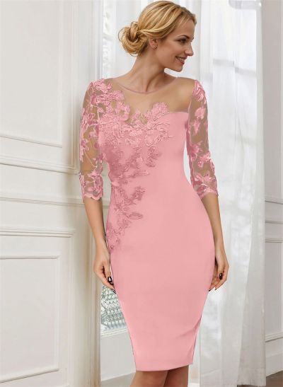 Sheath/Column Illusion Neck 3/4 Sleeves Elastic Satin Mother Of The Bride Dresses
