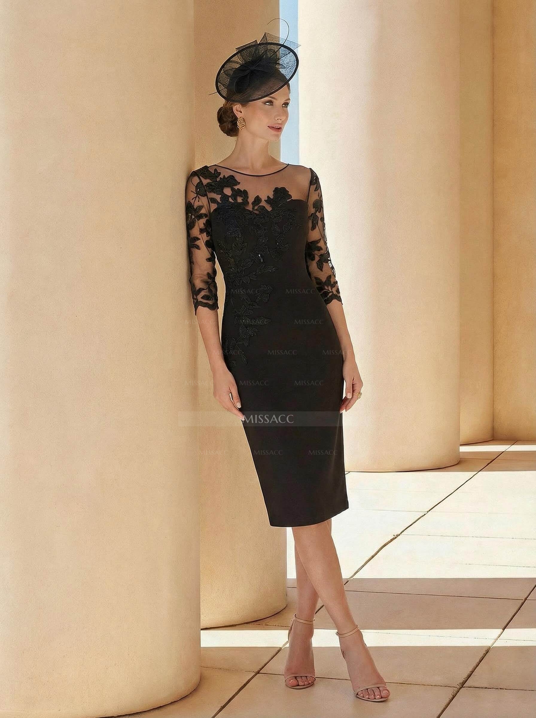 Sheath/Column Illusion Neck 3/4 Sleeves Elastic Satin Mother Of The Bride Dresses