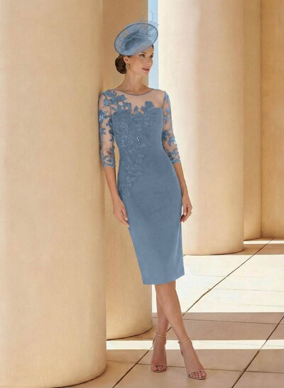 Sheath/Column Illusion Neck 3/4 Sleeves Elastic Satin Mother Of The Bride Dresses