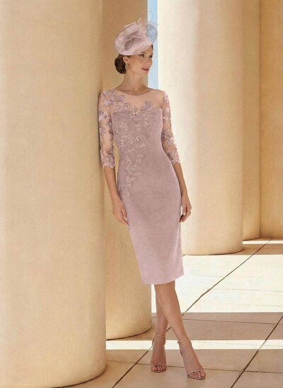 Sheath/Column Illusion Neck 3/4 Sleeves Elastic Satin Mother Of The Bride Dresses