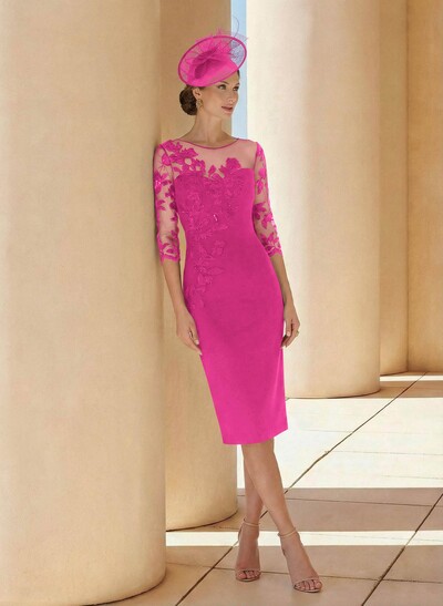 Sheath/Column Illusion Neck 3/4 Sleeves Elastic Satin Mother Of The Bride Dresses