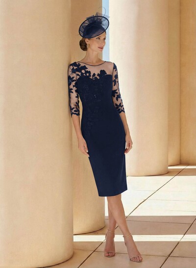 Sheath/Column Illusion Neck 3/4 Sleeves Elastic Satin Mother Of The Bride Dresses