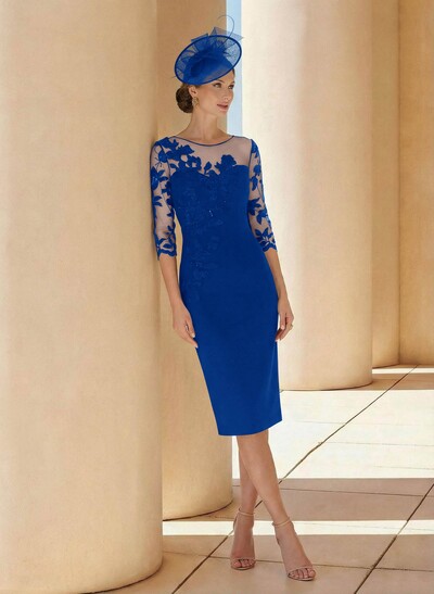 Sheath/Column Illusion Neck 3/4 Sleeves Elastic Satin Mother Of The Bride Dresses