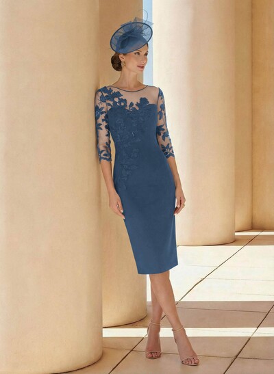 Sheath/Column Illusion Neck 3/4 Sleeves Elastic Satin Mother Of The Bride Dresses