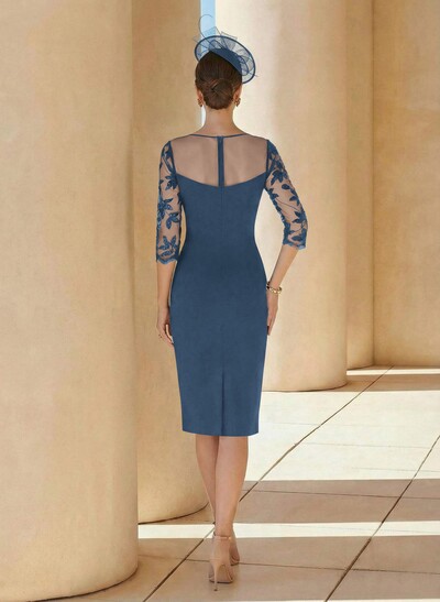 Sheath/Column Illusion Neck 3/4 Sleeves Elastic Satin Mother Of The Bride Dresses