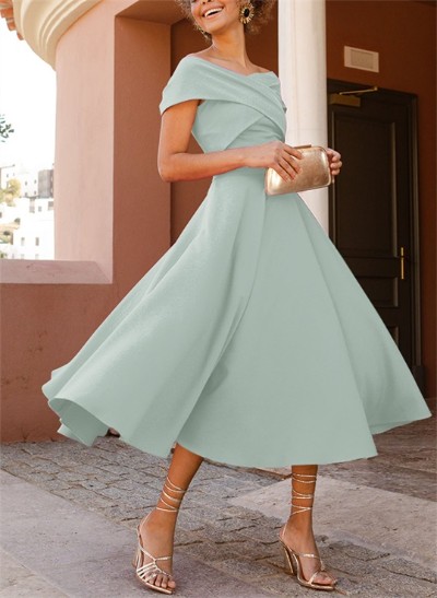A-Line Off-The-Shoulder Short Sleeves Tea-Length Elastic Satin Bridesmaid Dresses