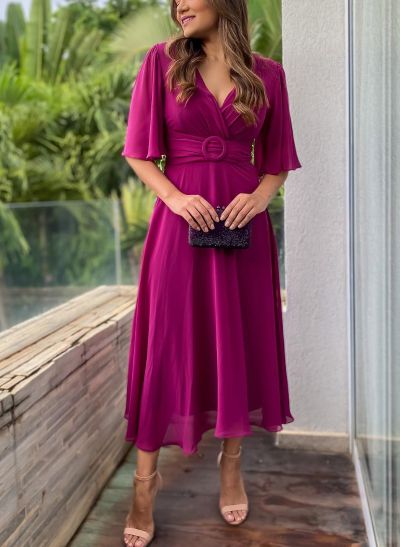 Tea-Length A-Line V-Neck Mother Of The Bride Dresses