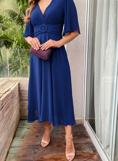 Tea-Length A-Line V-Neck Mother Of The Bride Dresses