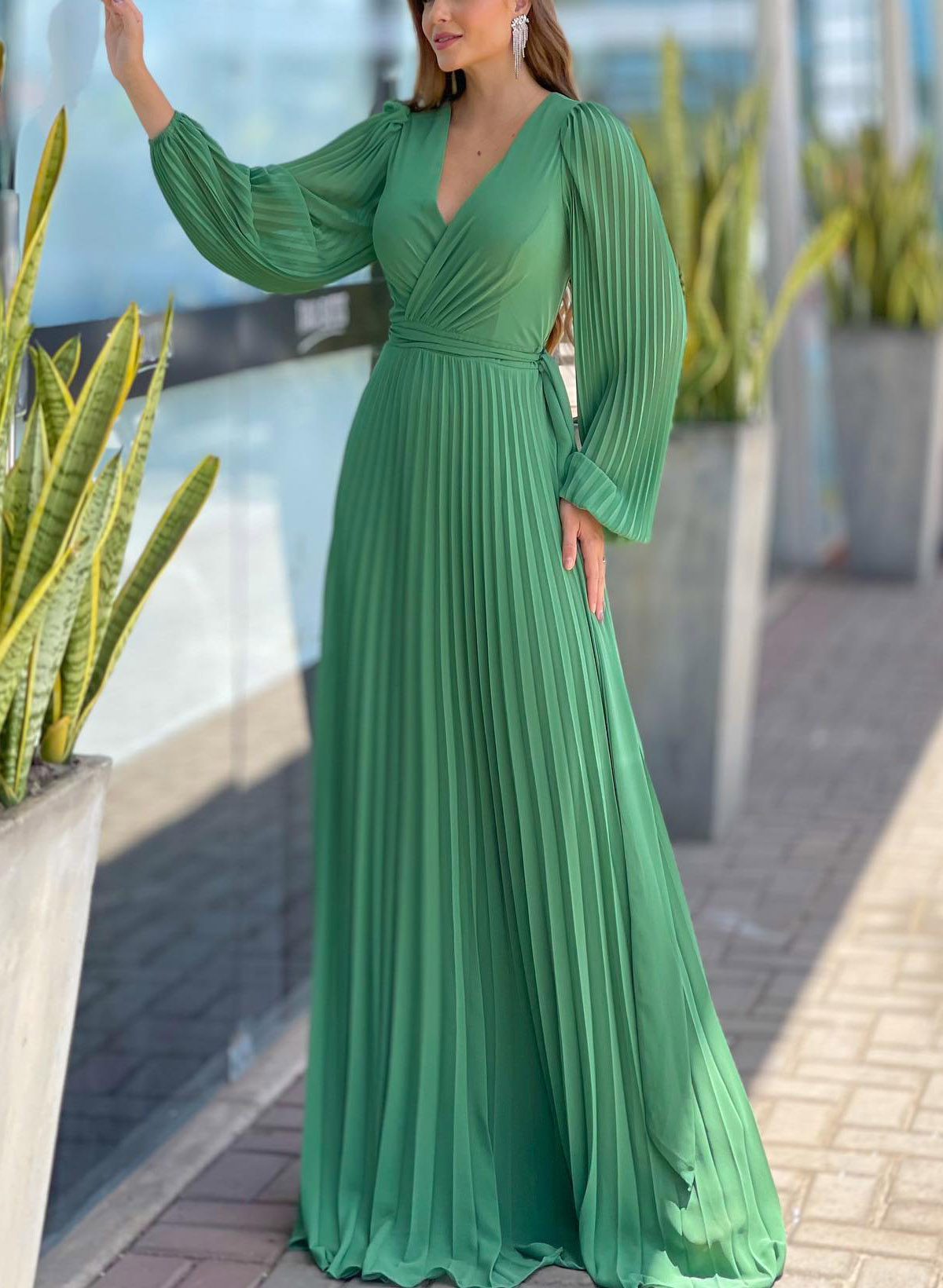 A-Line V-Neck Long Sleeves Pleated Mother Of The Bride Dresses