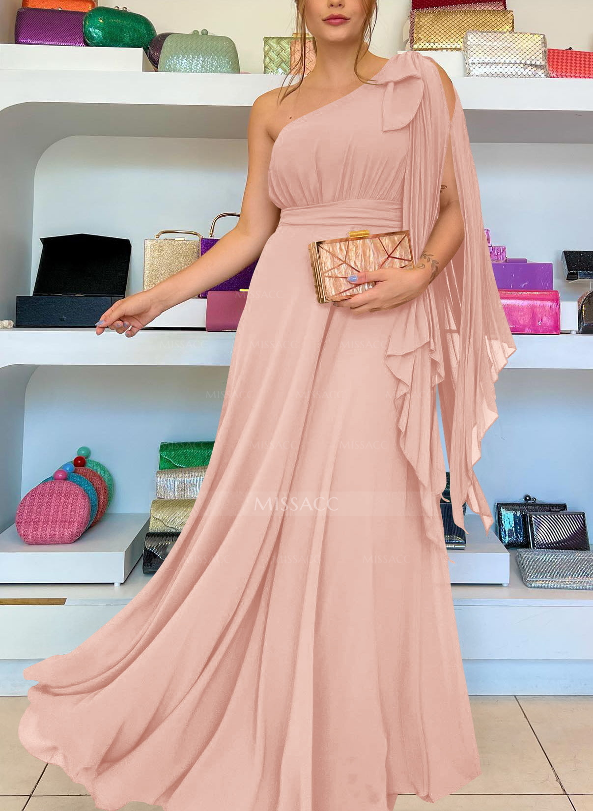 bridesmaid dresses cobh Peach Bridesmaids Dresses Sheath/Column Spaghetti Straps V-Neck Floor Length Chiffon Bridesmaid Dresses with Slit main image 1