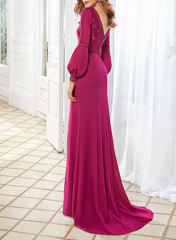 Sheath V-Neck Long Sleeves Sweep Train Chiffon Mother Of The Bride Dresses With Appliques Lace
