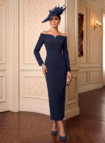 Sheath/Column Off-The-Shoulder Long Sleeves Elastic Satin Mother Of The Bride Dresses