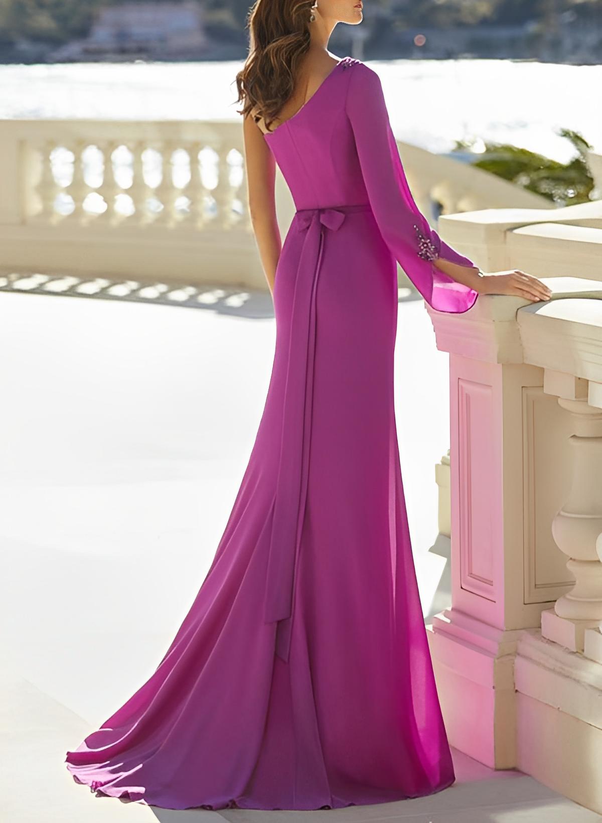 Elegant One-Shoulder Long Sleeves Sweep Train Chiffon Evening Dresses