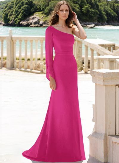 Elegant One-Shoulder Long Sleeves Sweep Train Chiffon Mother Of The Bride Dresses