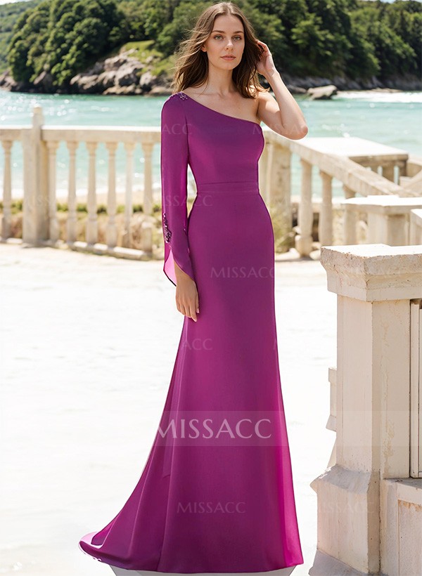 Elegant One-Shoulder Long Sleeves Sweep Train Chiffon Mother Of The Bride Dresses