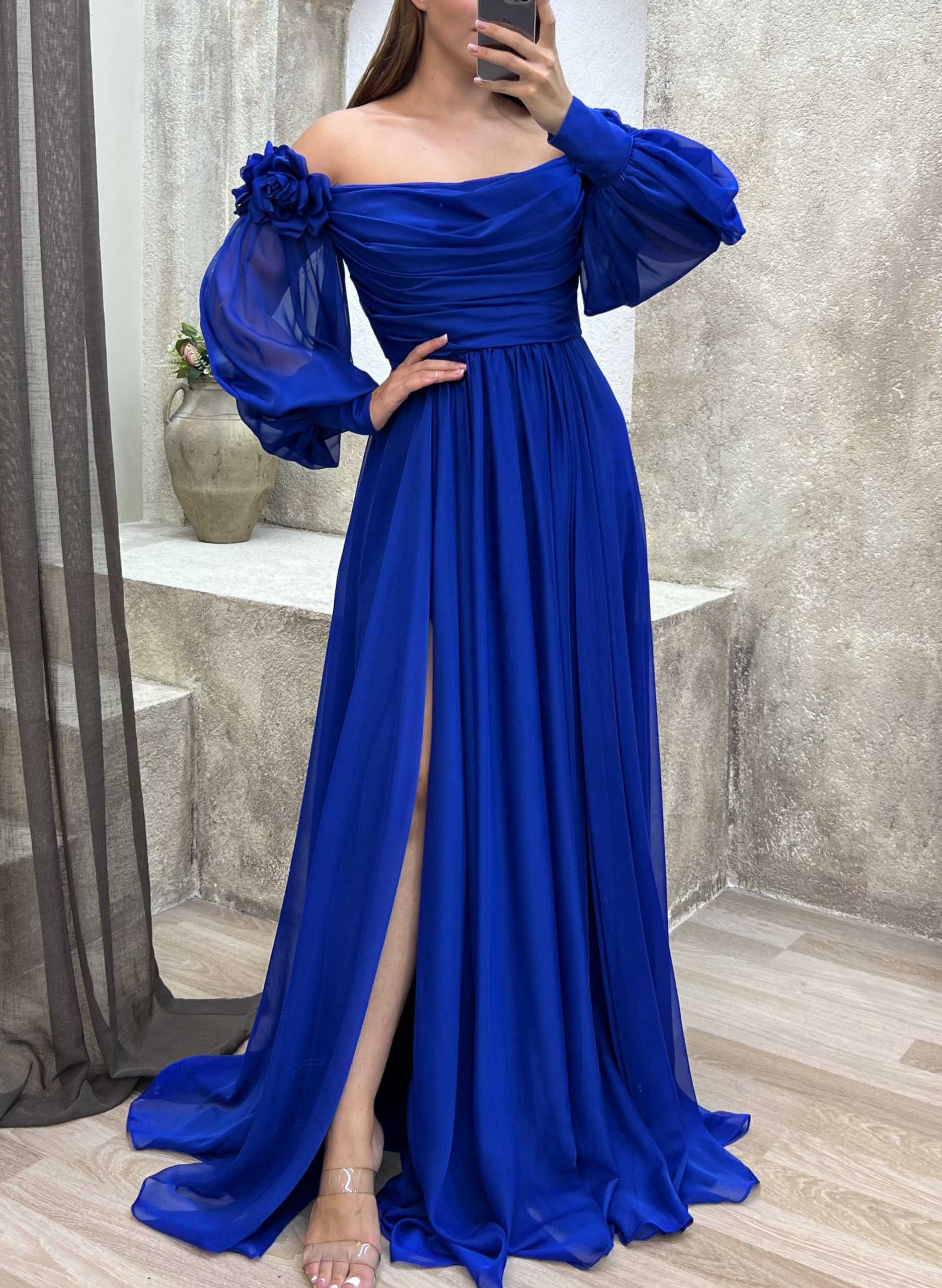 Off-The-Shoulder Long Sleeves Flowers Evening Dresses With Chiffon