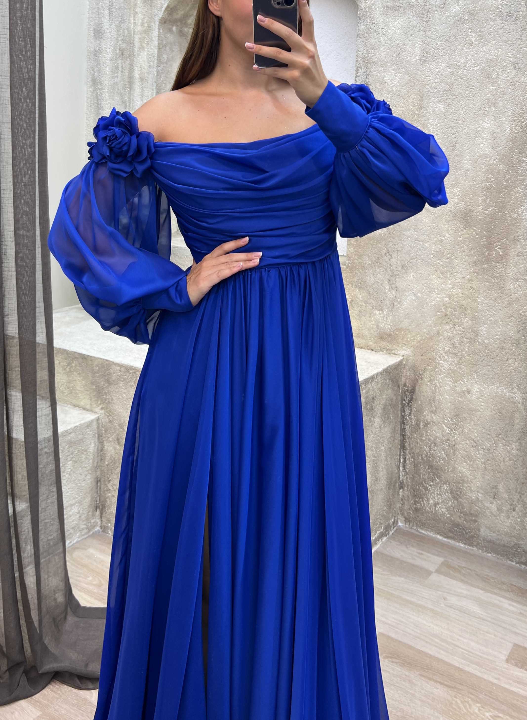 Off-The-Shoulder Long Sleeves Flowers Evening Dresses With Chiffon