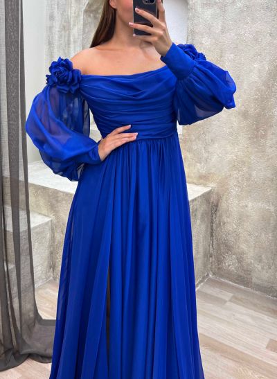 A-Line Off-The-Shoulder Long Sleeves Chiffon Bridesmaid Dresses With Flower(s)