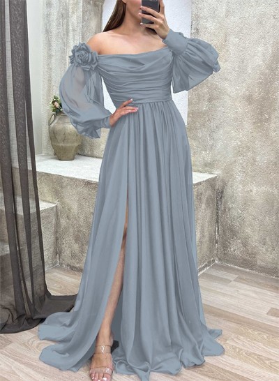 Off-The-Shoulder Long Sleeves Flowers Mother Of The Bride Dresses With Chiffon
