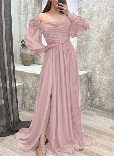 Off-The-Shoulder Long Sleeves Flowers Mother Of The Bride Dresses With Chiffon