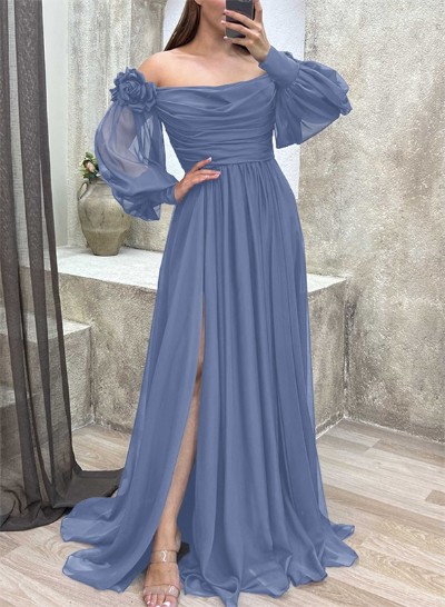 Off-The-Shoulder Long Sleeves Flowers Mother Of The Bride Dresses With Chiffon