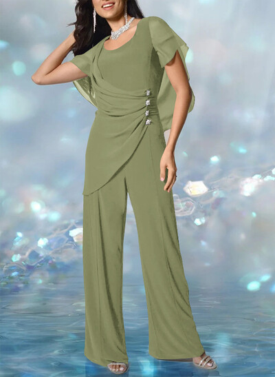 Jumpsuit/Pantsuit Scoop Neck Short Sleeves Floor-Length Chiffon Evening Dresses With Ruffle/Beading