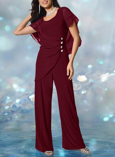 Jumpsuit/Pantsuit Scoop Neck Short Sleeves Floor-Length Chiffon Evening Dresses With Ruffle/Beading
