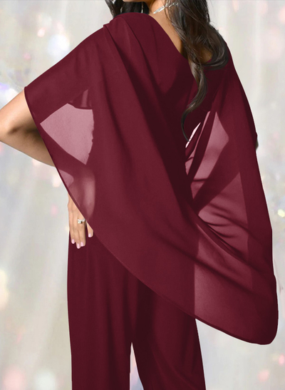 Jumpsuit/Pantsuit Scoop Neck Short Sleeves Floor-Length Chiffon Evening Dresses With Ruffle/Beading