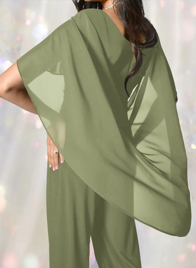 Jumpsuit/Pantsuit Scoop Neck Short Sleeves Floor-Length Chiffon Evening Dresses With Ruffle/Beading