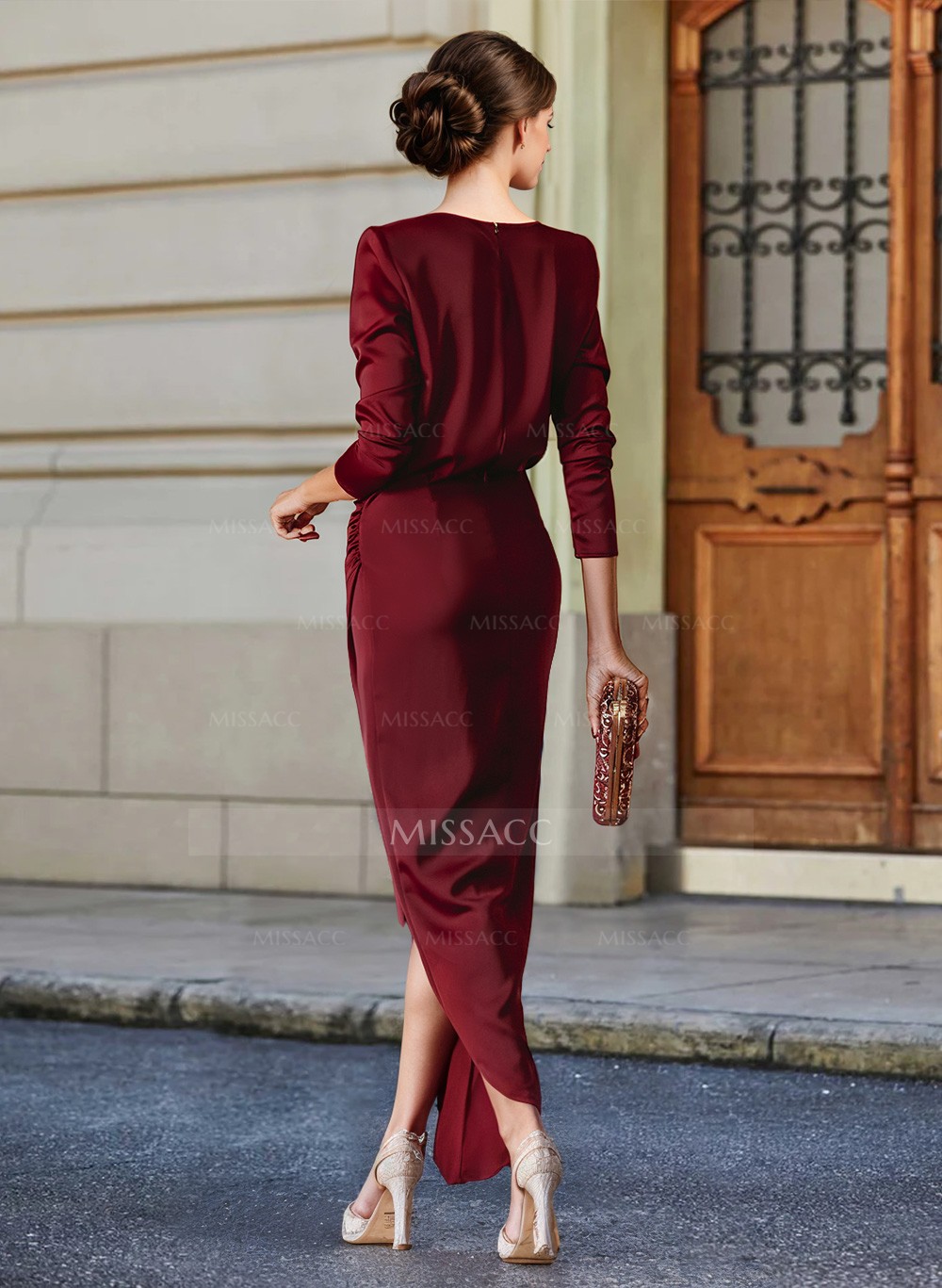 Elegant V-Neck Long Sleeves Asymmetrical Charmeuse Mother Of The Bride Dresses