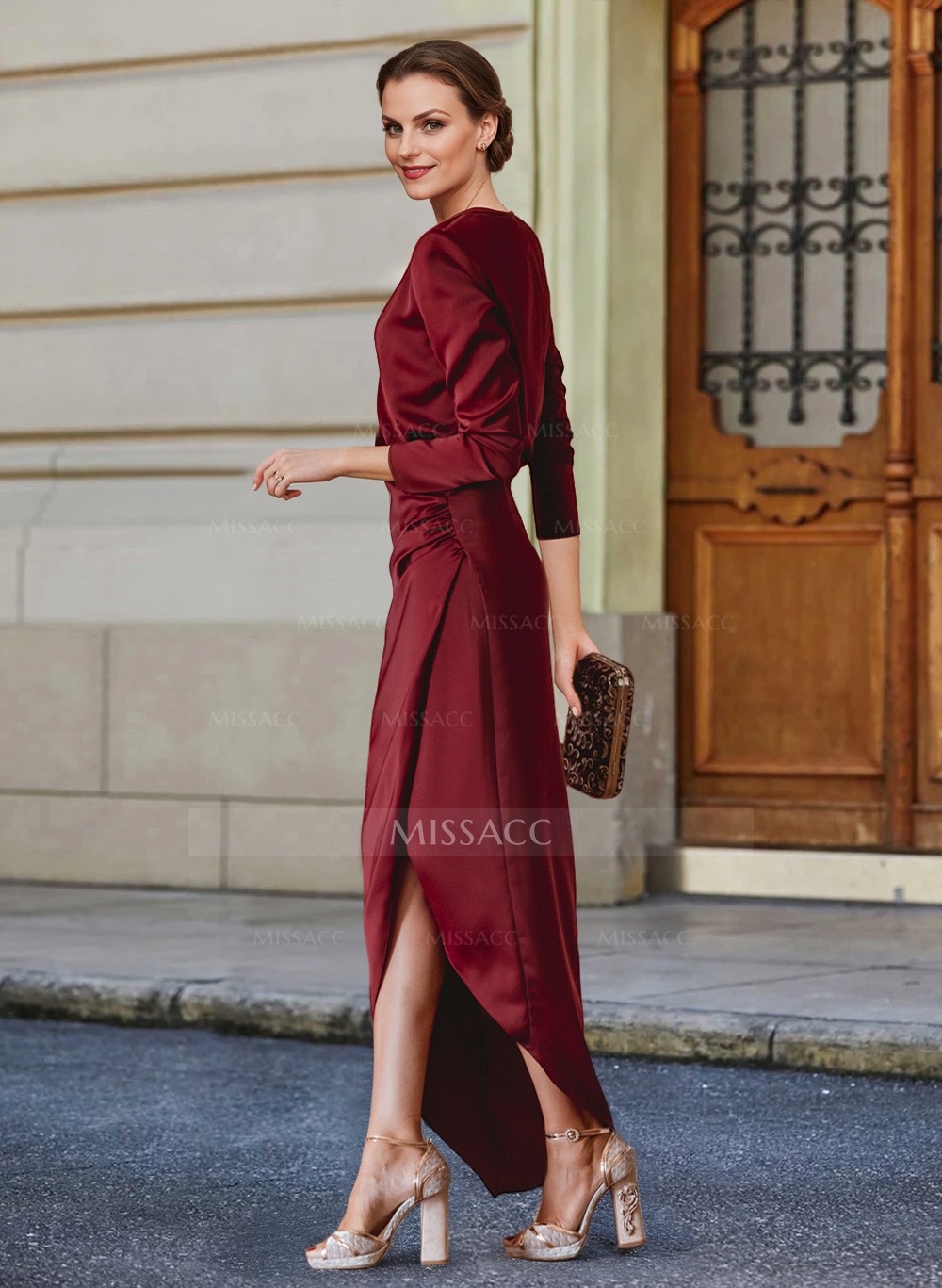 Elegant V-Neck Long Sleeves Asymmetrical Charmeuse Mother Of The Bride Dresses