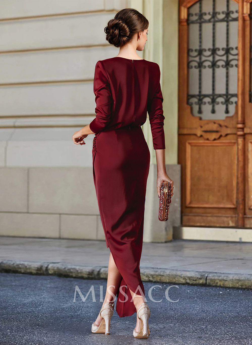 Elegant V-Neck Long Sleeves Asymmetrical Charmeuse Mother Of The Bride Dresses