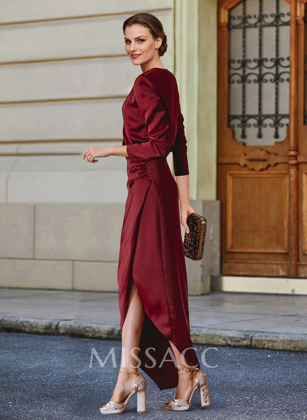 Elegant V-Neck Long Sleeves Asymmetrical Charmeuse Mother Of The Bride Dresses