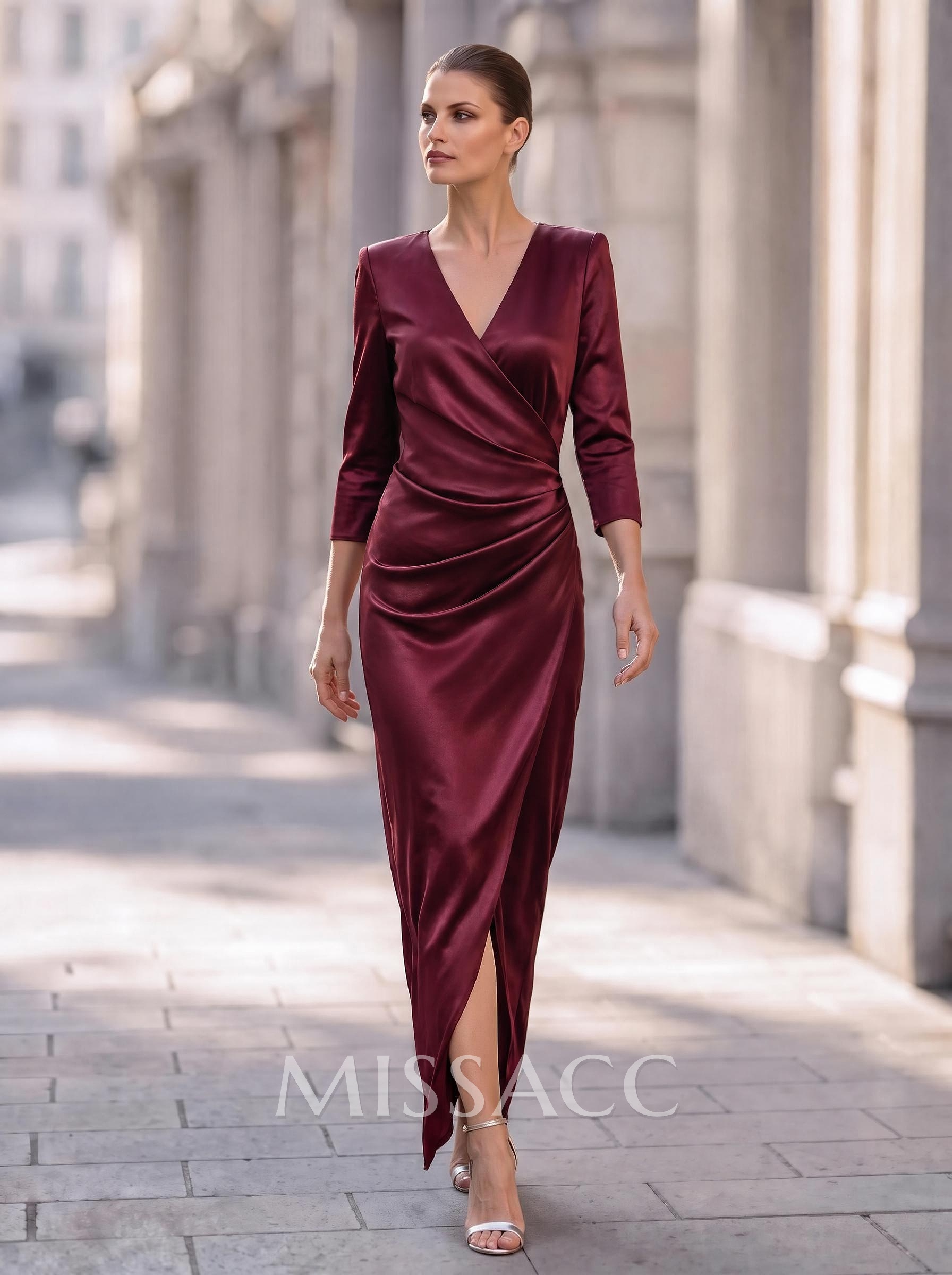 Elegant V-Neck Long Sleeves Asymmetrical Charmeuse Mother Of The Bride Dresses Elegant V-Neck Long Sleeves Asymmetrical Charmeuse Mother Of The Bride Dresses