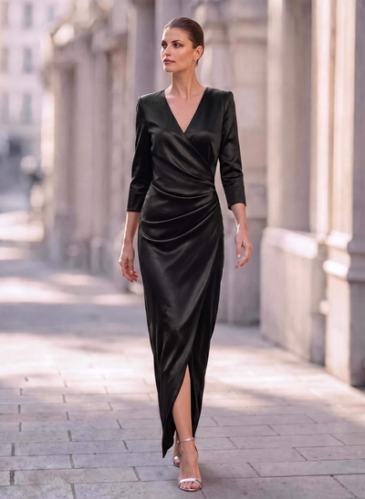 Elegant V-Neck Long Sleeves Asymmetrical Charmeuse Mother Of The Bride Dresses