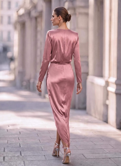 Elegant V-Neck Long Sleeves Asymmetrical Charmeuse Mother Of The Bride Dresses