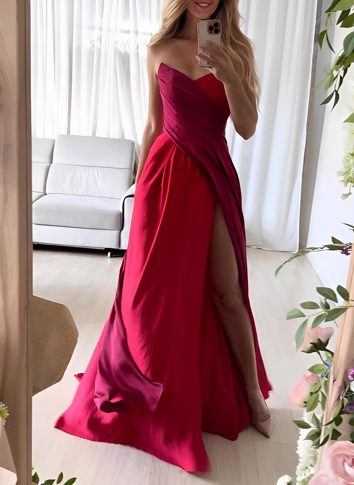 A-Line Strapless Sleeveless Sweep Train Satin Prom Dresses With Split Front