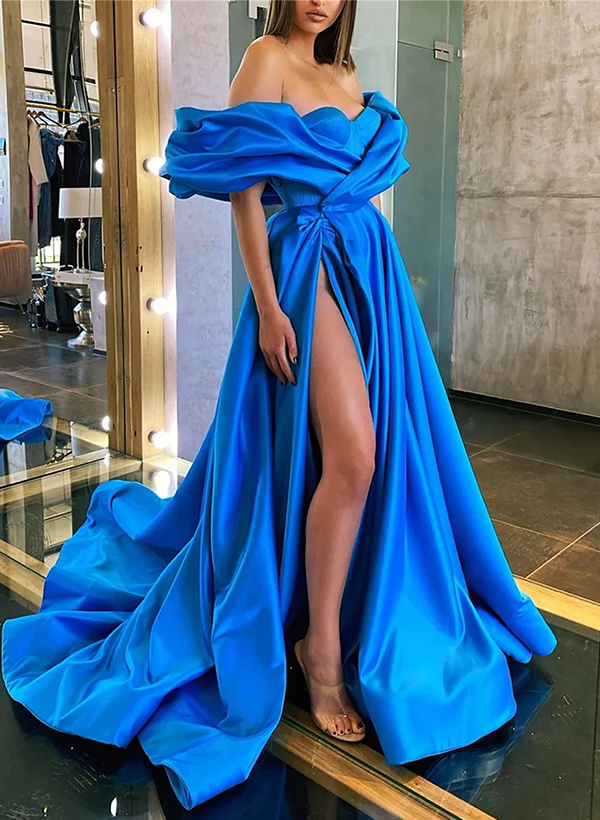 A-Line Off-The-Shoulder Sleeveless Satin Prom Dresses With Split Front