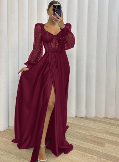 Sequined V-Neck Long Sleeves A-Line Prom Dresses