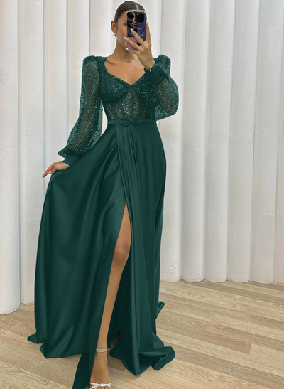 Sequined V-Neck Long Sleeves A-Line Prom Dresses