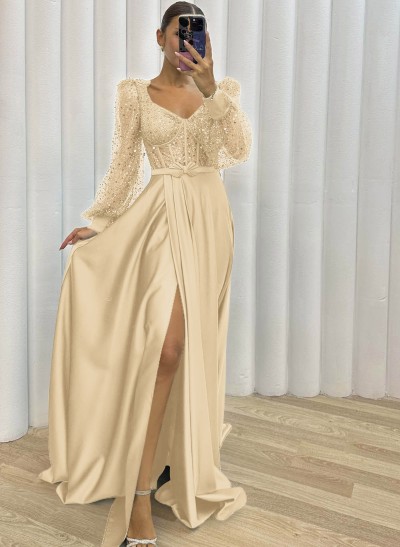 Sequined V-Neck Long Sleeves A-Line Prom Dresses