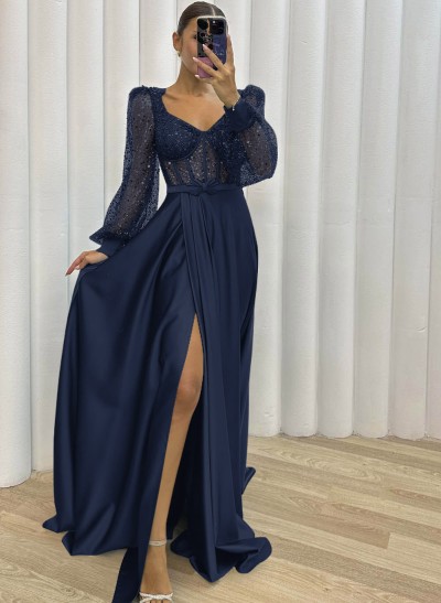 Sequined V-Neck Long Sleeves A-Line Prom Dresses