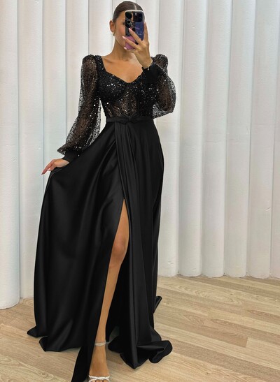 Sequined V-Neck Long Sleeves A-Line Prom Dresses